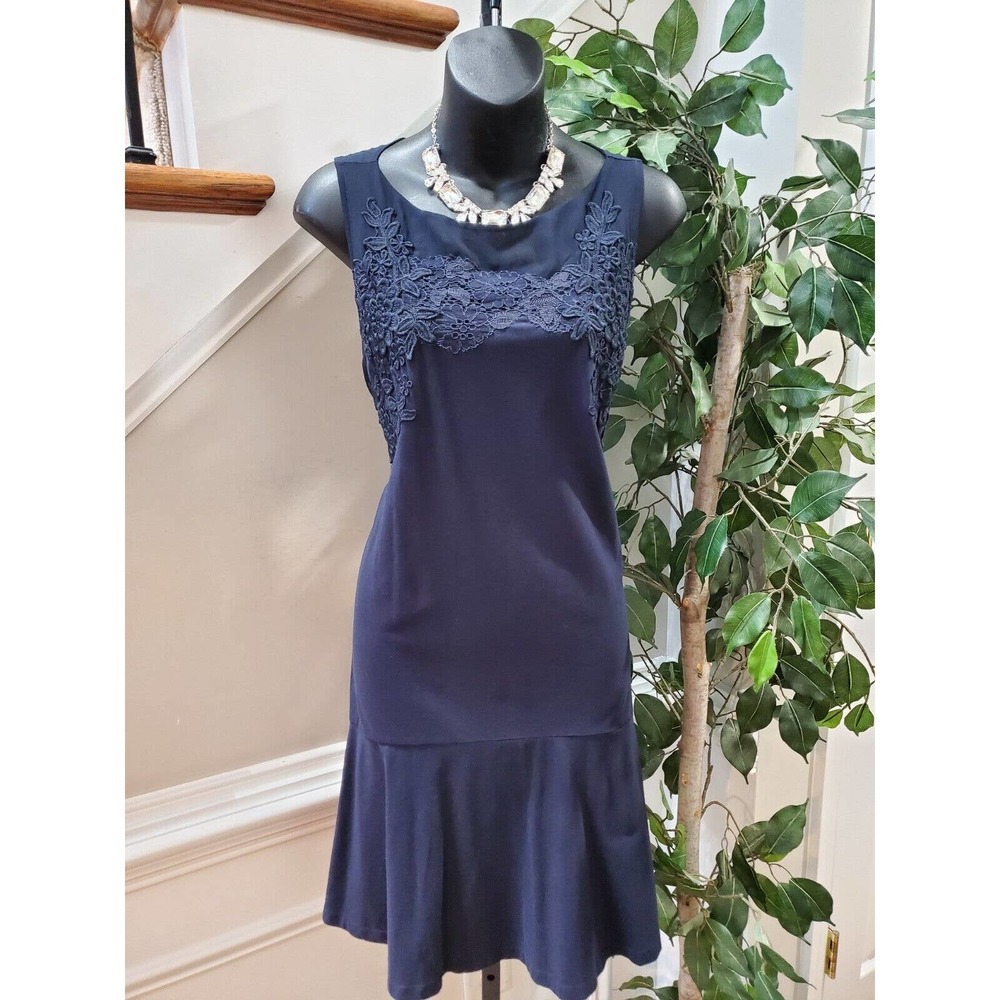 Loft Women's Blue Polyester Round Neck Sleeveless Knee Length Dress Size Large